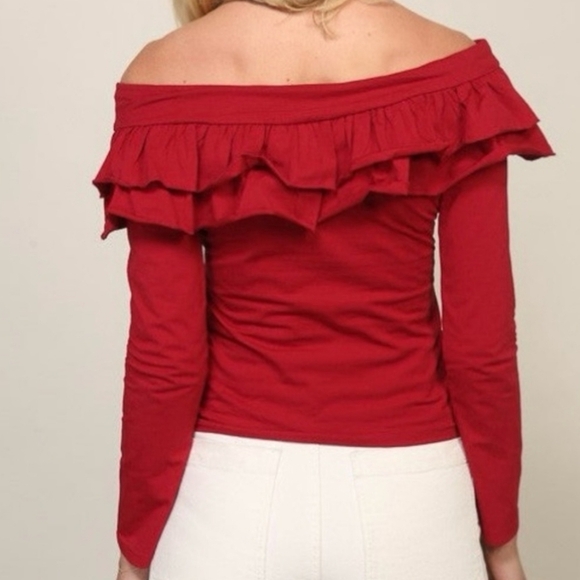 Lumiere Red Ruffle Off-Shoulder Blouse - Picture 2 of 7